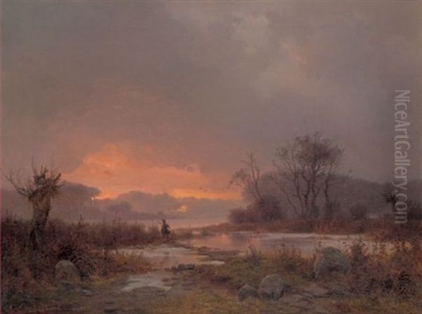 Spatherbstabend Uber Moorlandschaft Mit Entenjager Oil Painting by Frederik Niels Martin Rohde