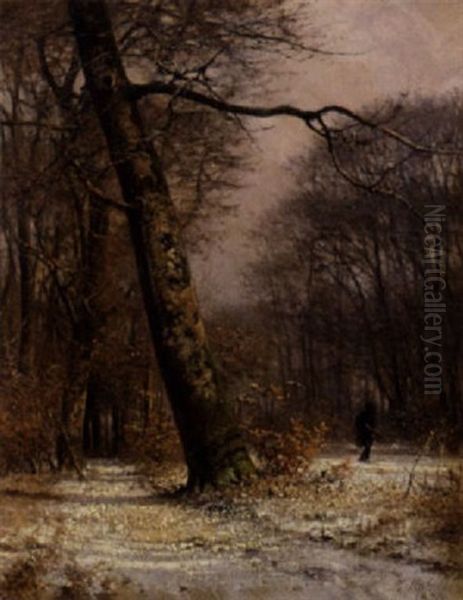 En Jaeger Pa En Skovsti, Vinter Oil Painting by Frederik Niels Martin Rohde