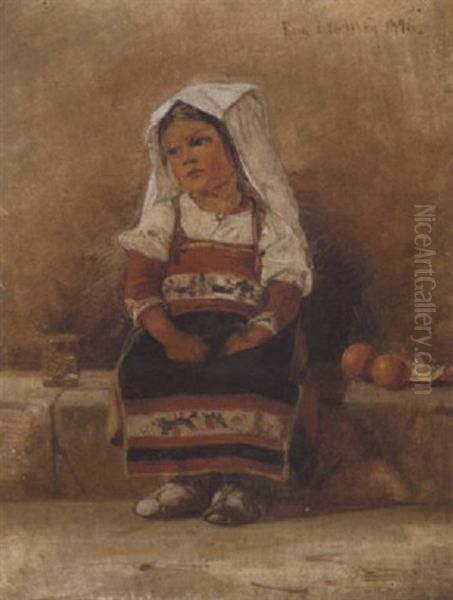 En Lille Italiensk Pige Pa En Trappesten Oil Painting by Frederik Niels Martin Rohde