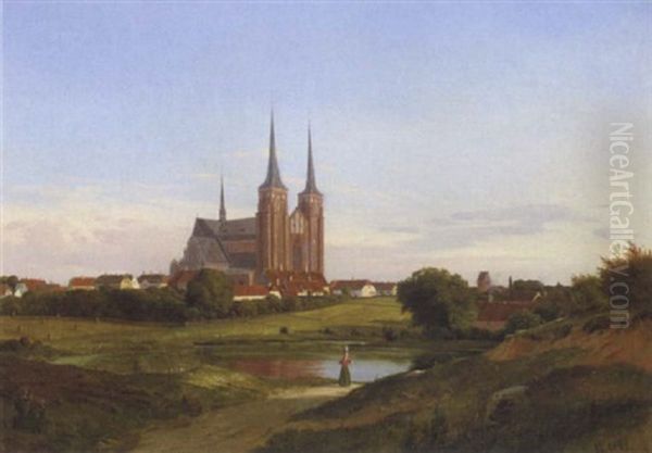 Udsigt Mod Roskilde Domkirke Oil Painting by Frederik Niels Martin Rohde