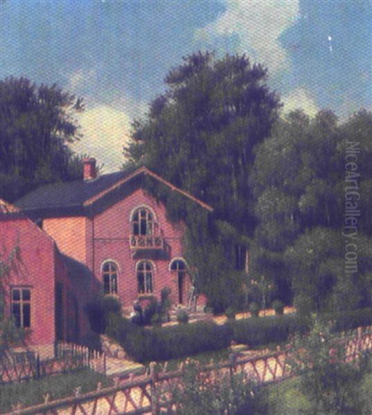 Maleren P. A. Plum Og Familie Pa Terassen Foran Deres Hus I Fredensborg Oil Painting by Frederik Niels Martin Rohde