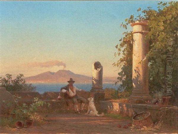 Italiensk Pergola Med Siddende Herre Og Hund, I Baggrunden Vesuv Oil Painting by Frederik Niels Martin Rohde