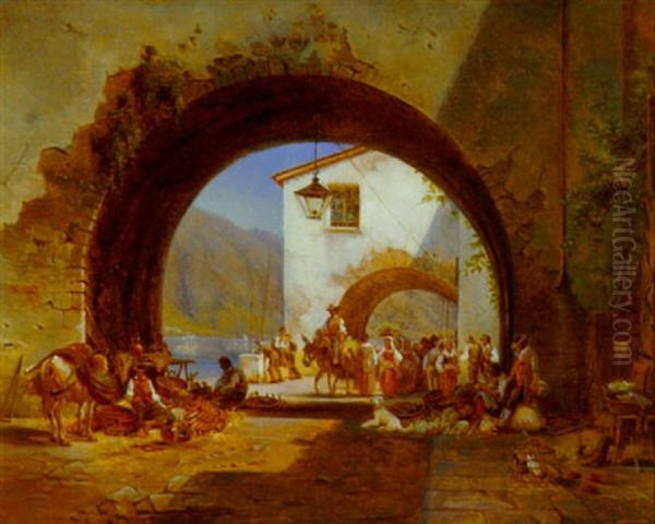 Byparti Fra Italien, Med Handesliv Ved Byport, I Bagrunden Flod Oil Painting by Frederik Niels Martin Rohde