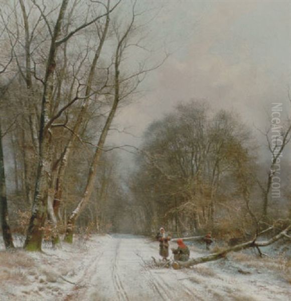 Vinter I Skoven Med Braendesamlere Pa En Sti Oil Painting by Frederik Niels Martin Rohde