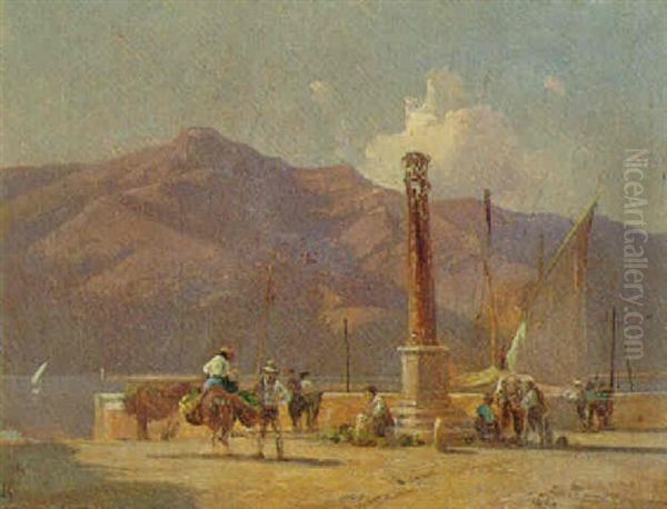 Parti Fra Italien Med Folkeliv Ved Soen Oil Painting by Frederik Niels Martin Rohde