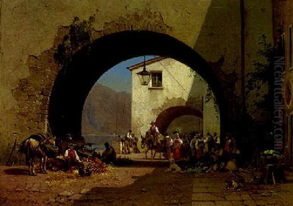 A Market Square, Riva, Lago Di Garda Oil Painting by Frederik Niels Martin Rohde