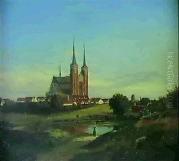 Udsigt Mod Roskilde Domkirke Oil Painting by Frederik Niels Martin Rohde