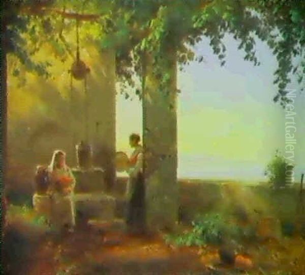 To Kvinder Ved En Brond Under Pergola, Italien Oil Painting by Frederik Niels Martin Rohde