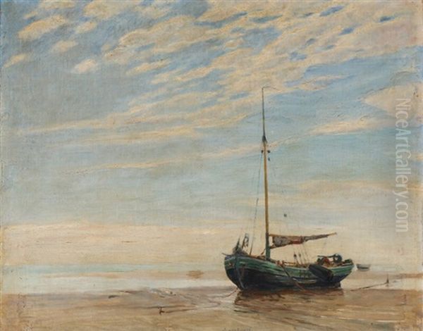 Beach Scene From The Island Of Fano With A Fishingboat At Low Tide Oil Painting by Johan Rohde