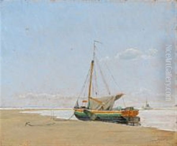 A Sailing Ship At The Shore On Fano, Denmark Oil Painting by Johan Rohde