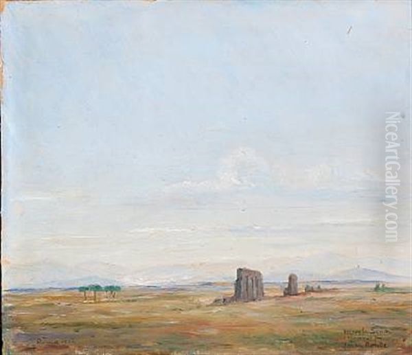 View Of The Roman Campagne With The Ruins Of An Aqueduct Oil Painting by Johan Rohde