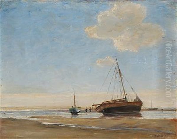 Beach Scene With Fishing Boats Oil Painting by Johan Rohde