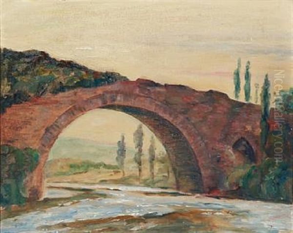 A Roman Bridge Oil Painting by Johan Rohde