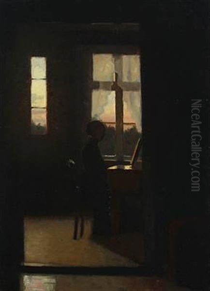 Interior With A Young Girl Playing The Piano Oil Painting by Johan Rohde