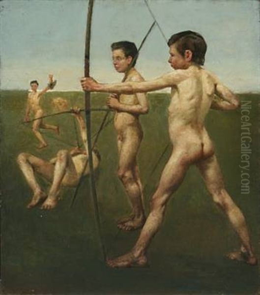 Young Naked Archers (+ Interior With Playing Trio, Verso) Oil Painting by Johan Rohde