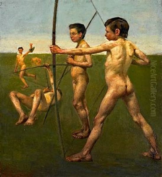 Young Naked Archers (+ Interior With Playing Trio, Verso) Oil Painting by Johan Rohde