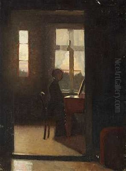 Interior Med Ung Pige Der Spille Piano Oil Painting by Johan Rohde