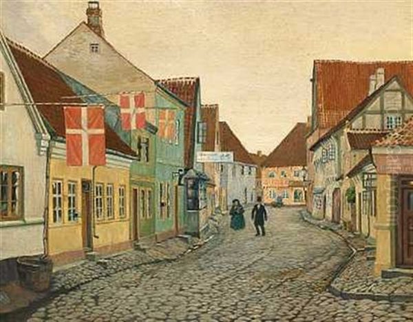 Gadeparti Fra Ribe, Der Flages Med Dannebrog Oil Painting by Johan Rohde