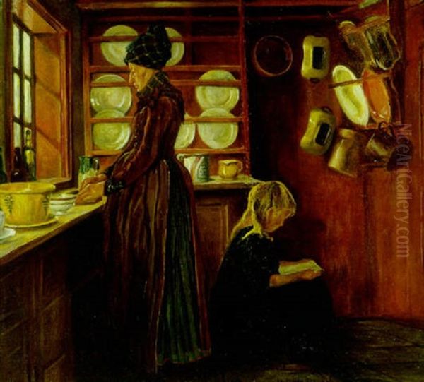 Kokkeninterior Med Mor Og Datter, Fano Oil Painting by Johan Rohde