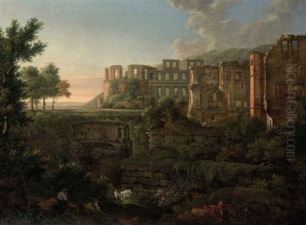 A Capriccio View Of The Ruins Of Heidelberg Castle Oil Painting by Johann Martin Von Rohden