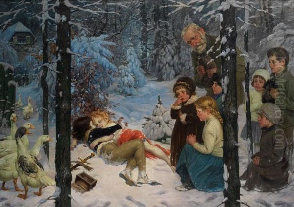 Kinder Im Schnee Oil Painting by Richard Borrmeister