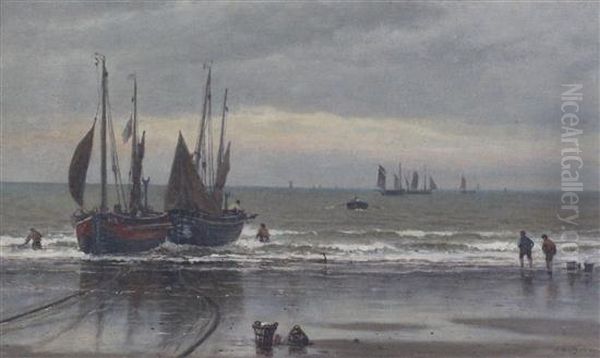 Hastings - Boats Low Water Oil Painting by William Henry Borrow