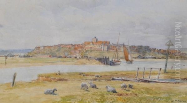 View Of Rye From The Marshes Oil Painting by William Henry Borrow