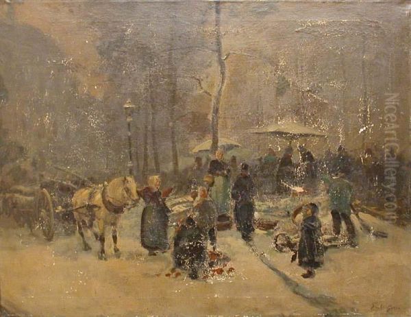 Mercato Con
Carro A Cavallo E Personaggi Oil Painting by Emilio Borsa