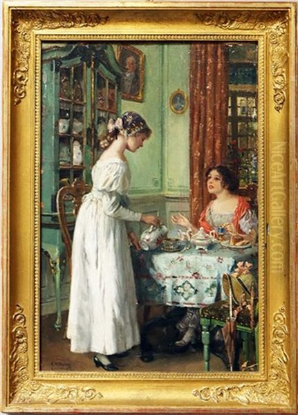 Elegantes Interieur Mit Zwei Madchen Beim Kaffee (verso Damenportrait) Oil Painting by Carl Rohling