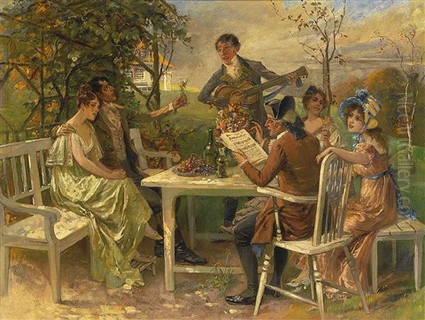 Reizende Gesellschaft Im Garten An Einem Sommerabend by Carl Rohling