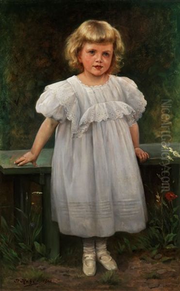 Kleines Madchen In Weisem Kleid An Einer Parkbank Stehend Oil Painting by Paul Theodor Rohr