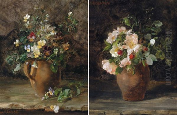 Stiefmutterchen Und Margeriten In Einer Vase (+ Wildrosen Und Erdbeeren In Einer Vase; 2 Works) Oil Painting by Lina Roehrer