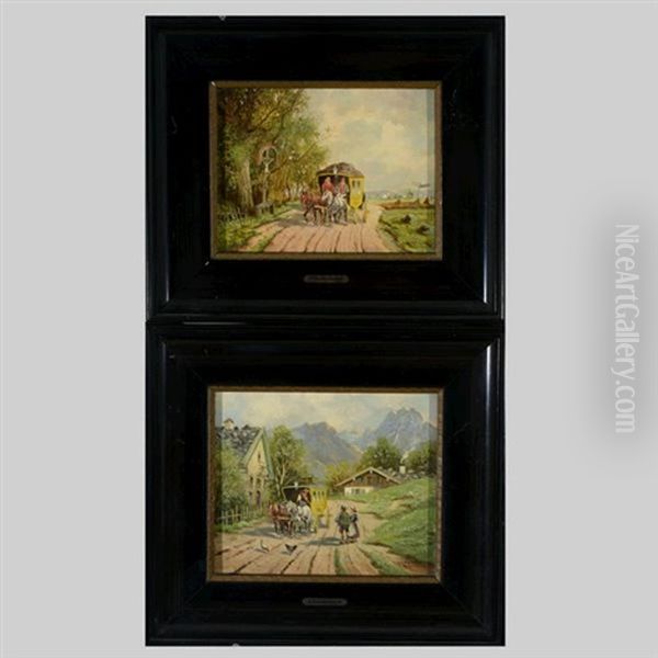 Travelers & The Stagecoach & Daily Stroll (2 Works) Oil Painting by Karl Rohrhirsch