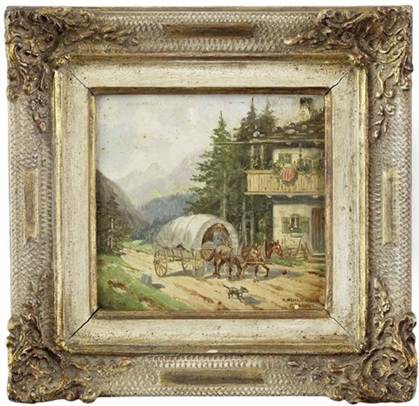 Planwagen Vor Bauernhaus In Alpenlandschaft (+ Heuernte; 2 Works) Oil Painting by Karl Rohrhirsch