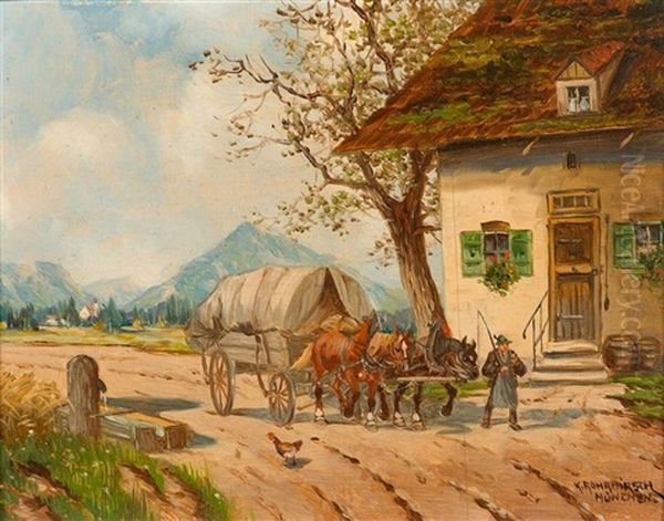 Pferd Mit Bauer (+ Pferd Mit Fuhrwerk; 2 Works) Oil Painting by Karl Rohrhirsch