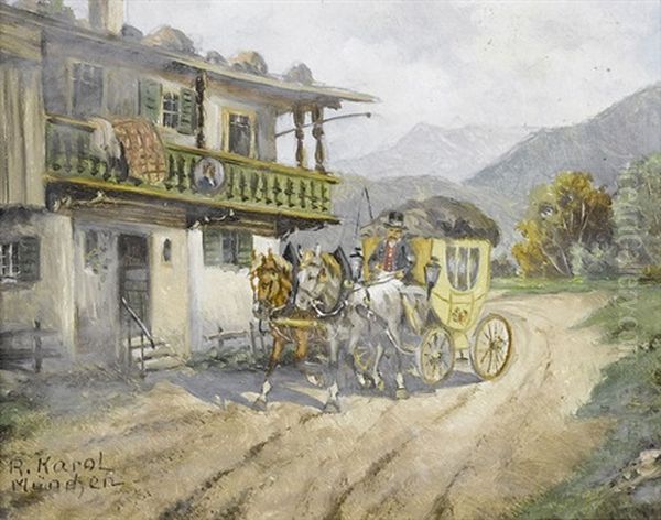 Postkutsche In Alpenlandschaft Vor Gehoft Oil Painting by Karl Rohrhirsch