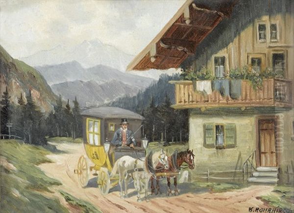 Eine Postkutsche Macht Halt Bei Einem Alpenhof Oil Painting by Karl Rohrhirsch