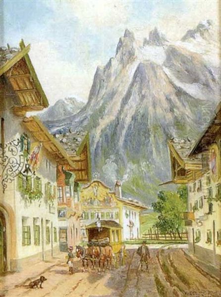 Alpine Village Oil Painting by Karl Rohrhirsch