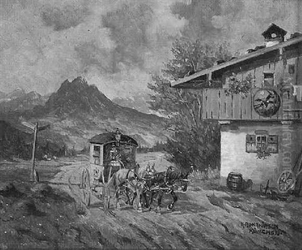 Postkutsche Auf Der Dorfstrase Oil Painting by Karl Rohrhirsch