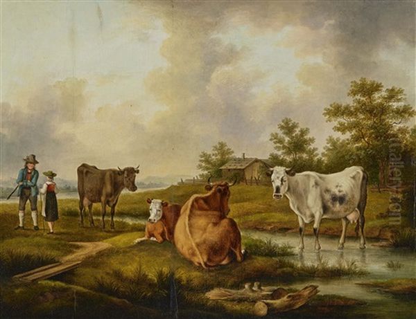 Shepherd Couple With Cows Oil Painting by Franz Wolfgang Rohrich