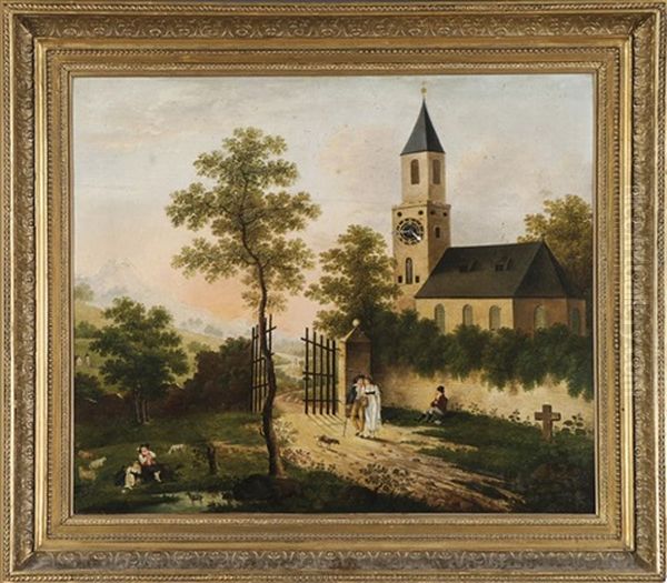 Bilderuhr - Auf Einer Anhohe In Weiter, Bergiger Flusslandschaft Eine Kirche, Im Vordergrund Rastende Hirten Mit Ihren Tieren U. Weitere Personen Oil Painting by Franz Wolfgang Rohrich