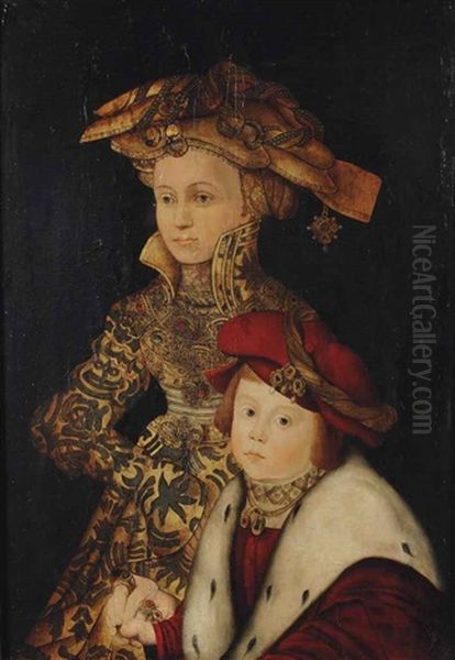 Portrait Of A Lady And Her Son, Three-quarter-length, In A Gold Embroidered Dress And A Red Velvet Fur Lined Coat... Oil Painting by Franz Wolfgang Rohrich