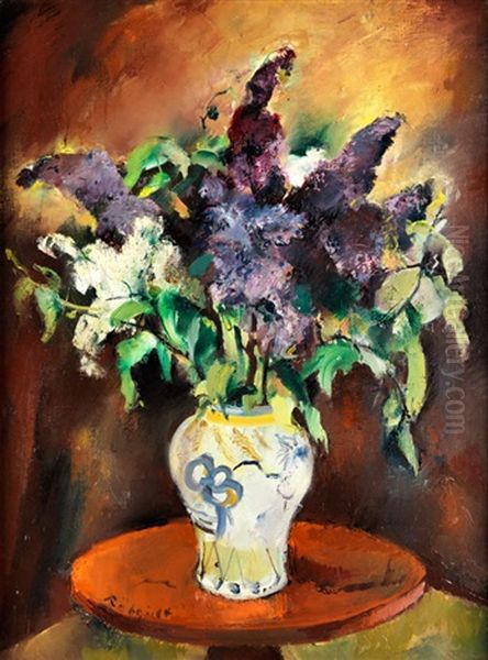 Weisser Und Blauer Flieder In Einer Fayencevase Oil Painting by Wolf Roehricht