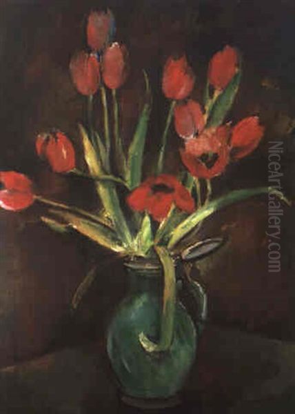 Tulpenstilleben In Grunem Deckelkrug Oil Painting by Wolf Roehricht