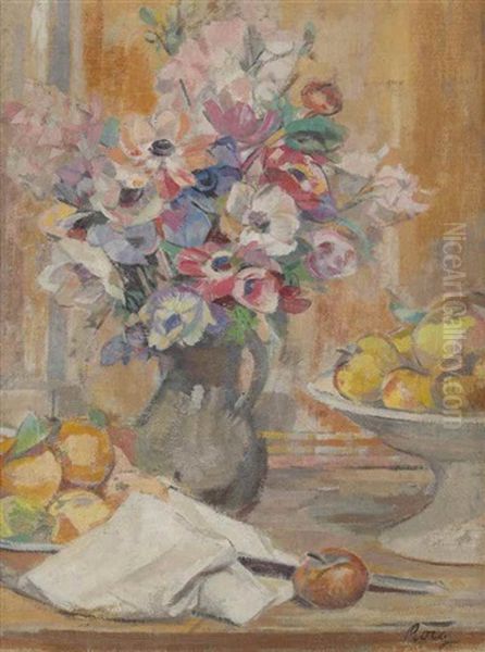 Anemones And Fruits On A Table Oil Painting by Joan Roig Soler