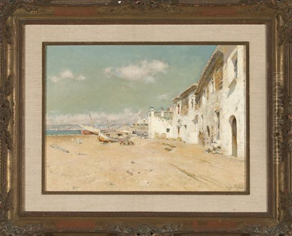 Vista De Sitges Des De La Platja De Sant Sebastia Oil Painting by Joan Roig Soler