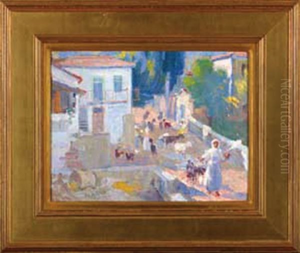 A Sunny Day In The Village Oil Painting by Georgios Roilos