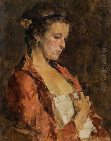 Portrait Of A Woman Oil Painting by Fritz (Friedrich) Rojka