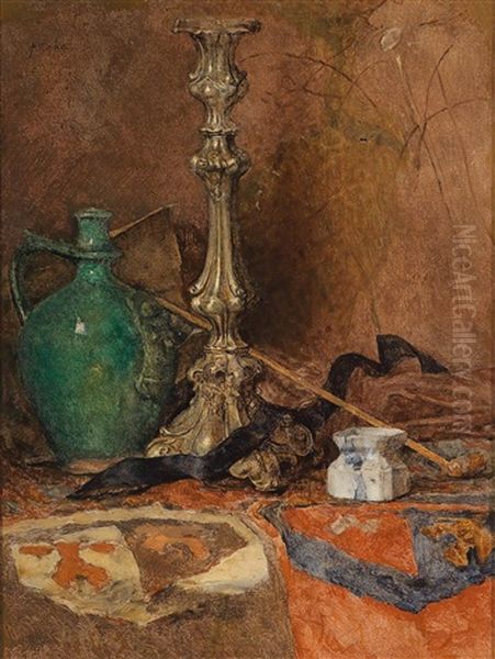 Still Life With Candlestick, Flagon And Pipe Oil Painting by Fritz (Friedrich) Rojka