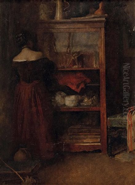 Dame Vor Glasvitrine Oil Painting by Fritz (Friedrich) Rojka